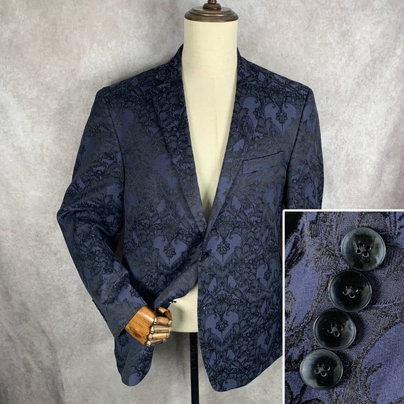 Tallia Blazer Jacket Men Large Floral Blue Sport Coat Modern Classy Suit Preppy